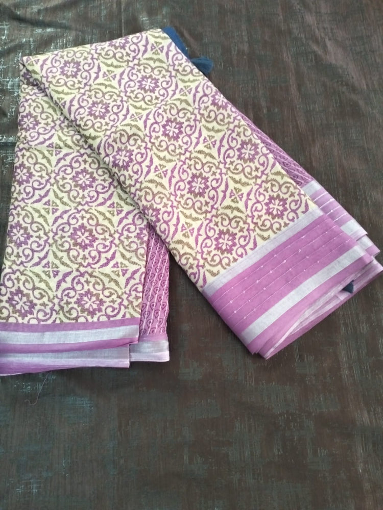 Pink with Yellow design Cotton fancy Saree