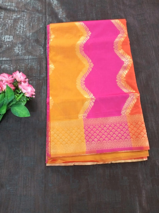 Yellow with Pink Wavy design Lichee Silk Saree