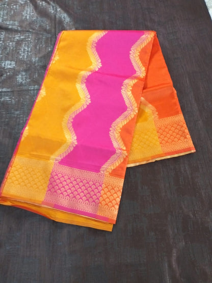 Yellow with Pink Wavy design Lichee Silk Saree