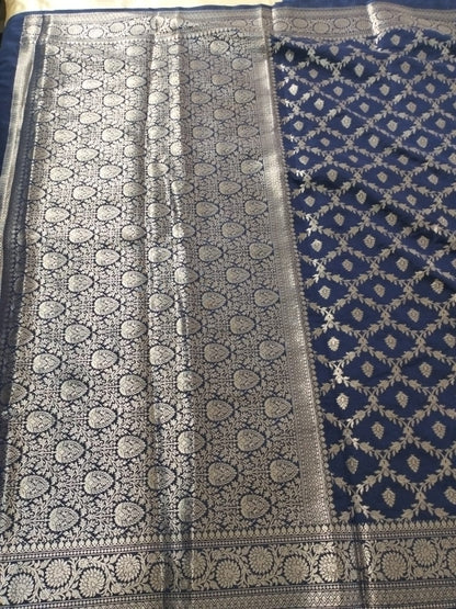 Dark Blue Georgette Banarasi with Jaal Pattern