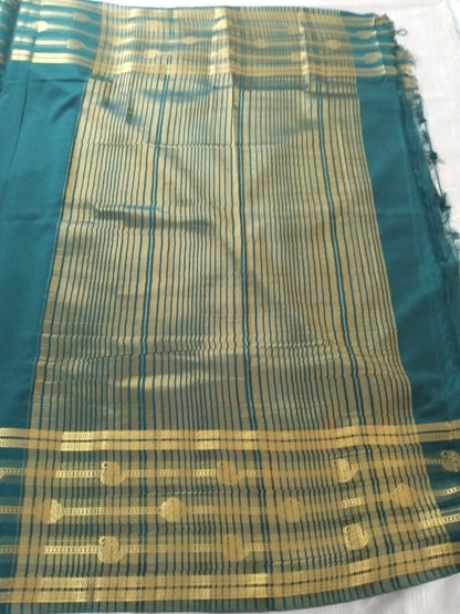 Bottle green colour with Golden line border Mysore Semi Crepe silk saree