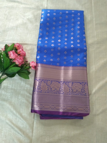 Dark Blue N heavy golden border with Pink and Purple base and pink pallu Semi Kancipuram silk saree