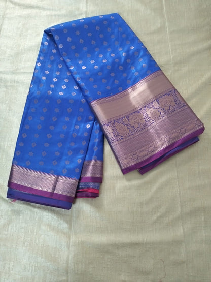 Dark Blue N heavy golden border with Pink and Purple base and pink pallu Semi Kancipuram silk saree