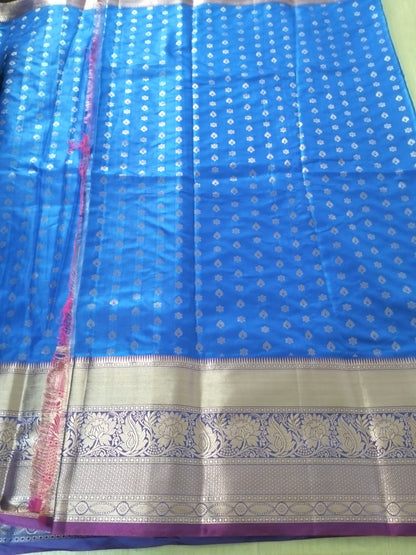 Dark Blue N heavy golden border with Pink and Purple base and pink pallu Semi Kancipuram silk saree