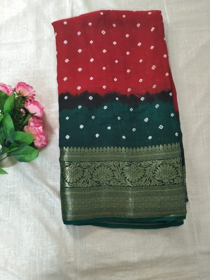 Red with Green bandhani soft silk with heavy golden border