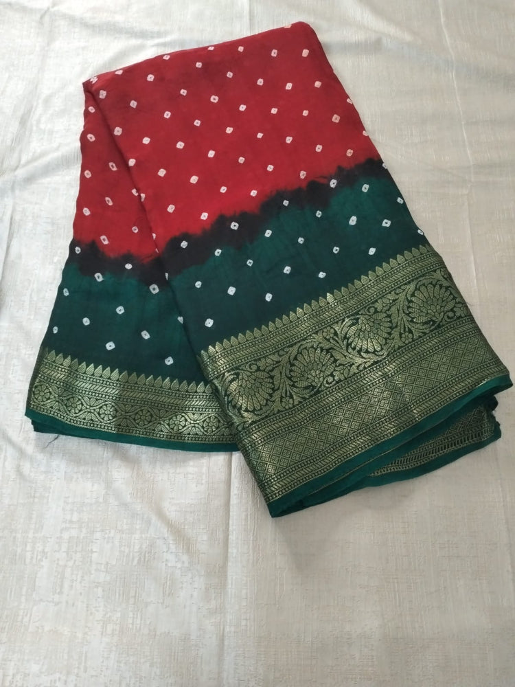 Red with Green bandhani soft silk with heavy golden border