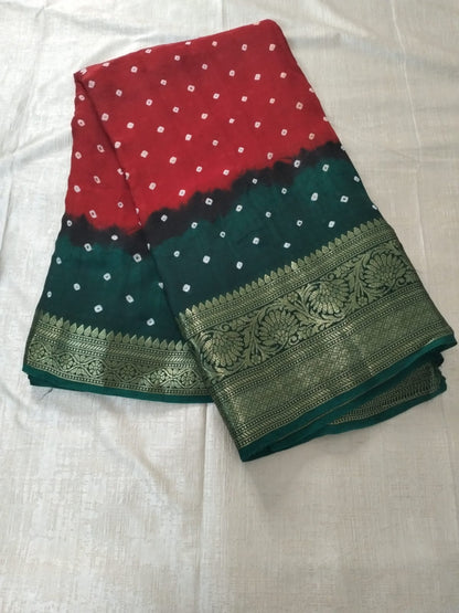 Red with Green bandhani soft silk with heavy golden border