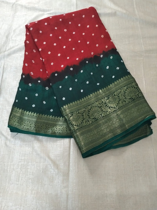 Red with Green bandhani soft silk with heavy golden border