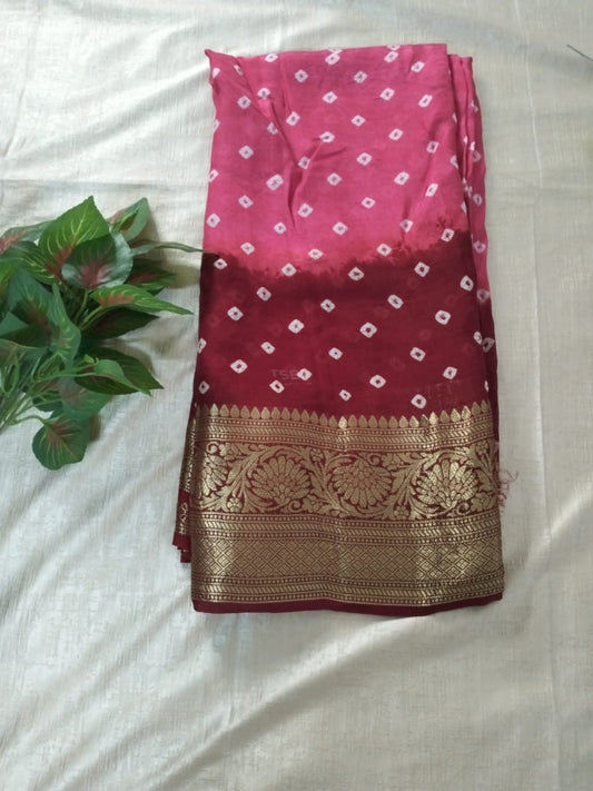 Pink with Red bandhani soft silk with heavy golden border