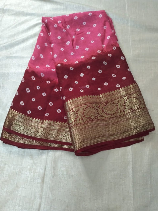 Pink with Red bandhani soft silk with heavy golden border