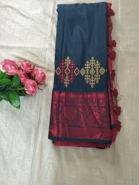 Fancy Blue saree with heavy red border with zari buttas above the border