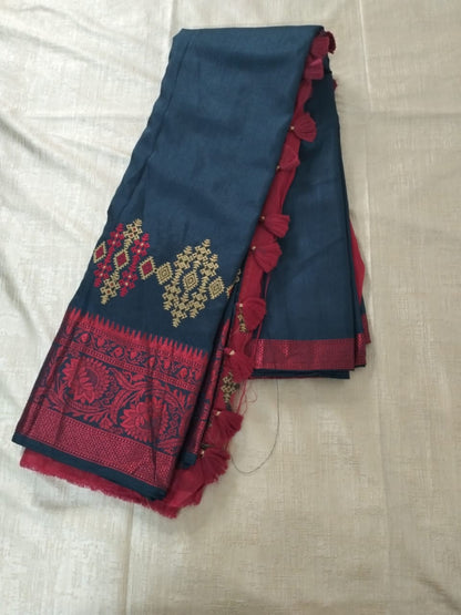 Fancy Blue saree with heavy red border with zari buttas above the border