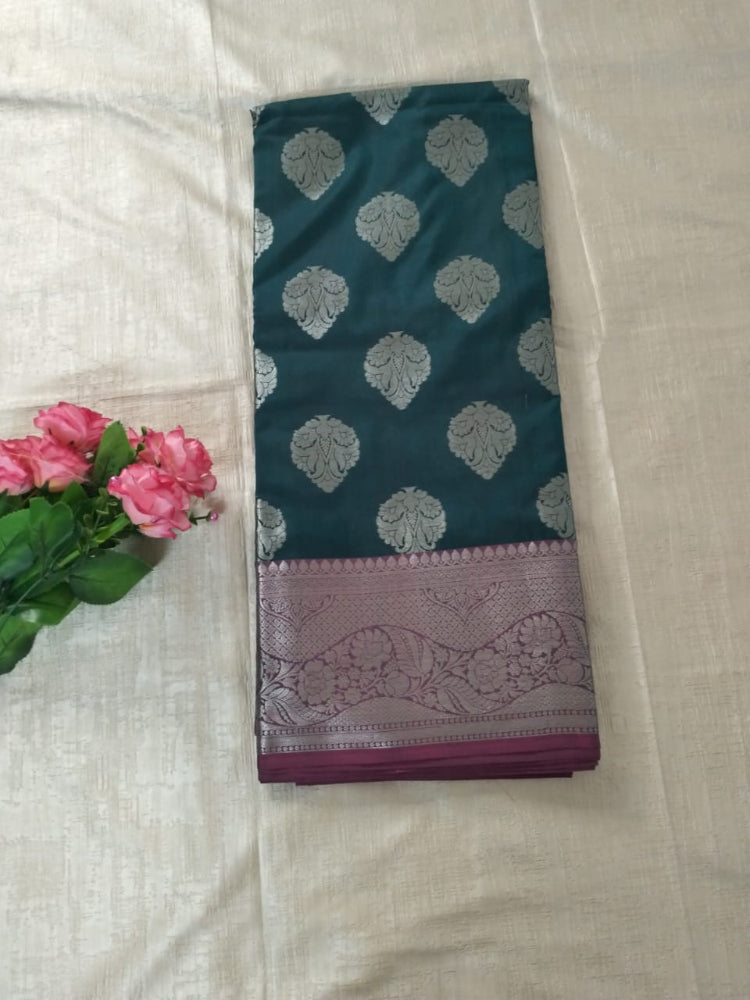 Green with pink wine heavy boarder big butta designer semi silk