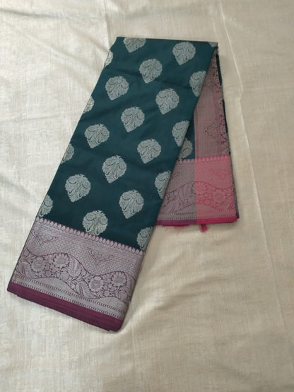 Green with pink wine heavy boarder big butta designer semi silk