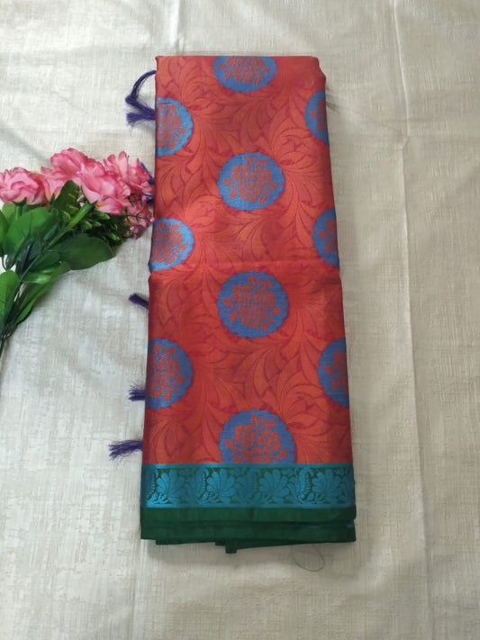 Red with blue border big butta designer semi silk heavy pallu