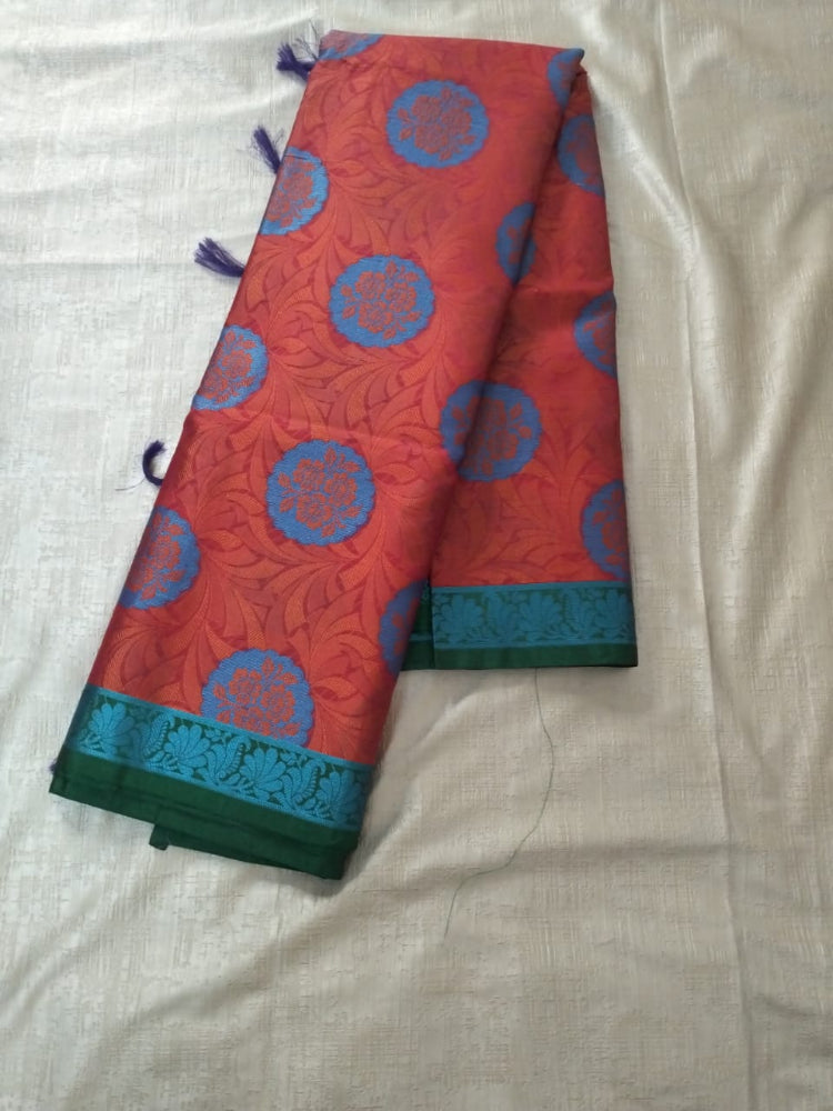 Red with blue border big butta designer semi silk heavy pallu