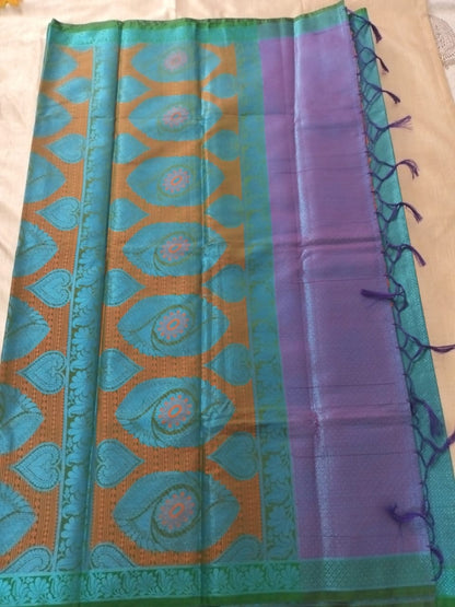 Red with blue border big butta designer semi silk heavy pallu