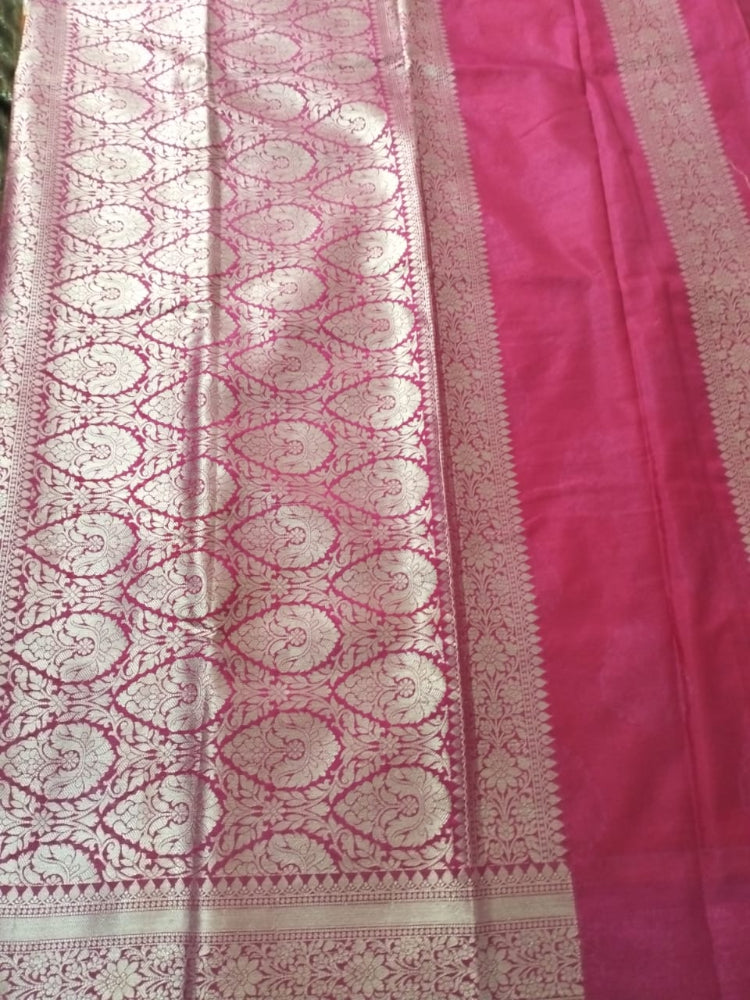 Orange with Pink  Georgette Banarasi saree with heavy silver border and big buttas all over saree