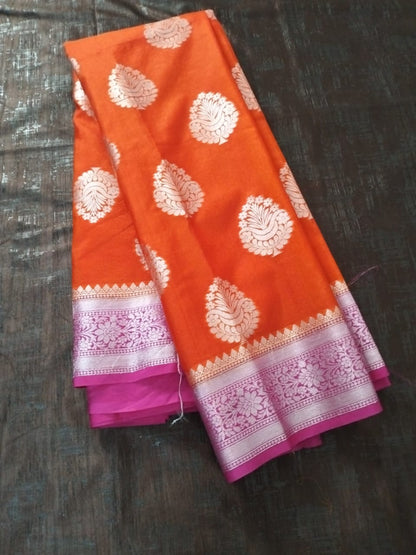 Orange with Pink  Georgette Banarasi saree with heavy silver border and big buttas all over saree