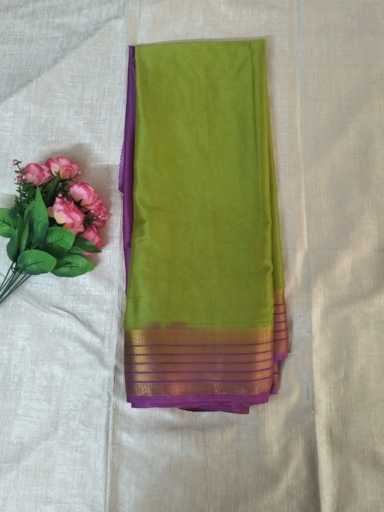 Green and  purple combination with golden border Mysore Semi Crepe silk saree