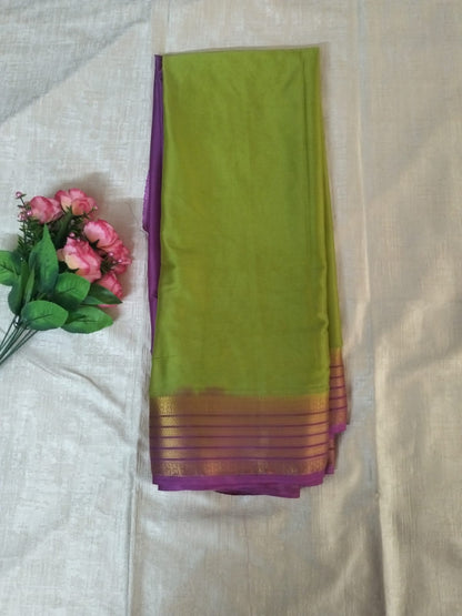 Green and  purple combination with golden border Mysore Semi Crepe silk saree