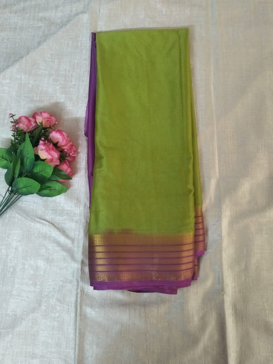 Green and  purple combination with golden border Mysore Semi Crepe silk saree