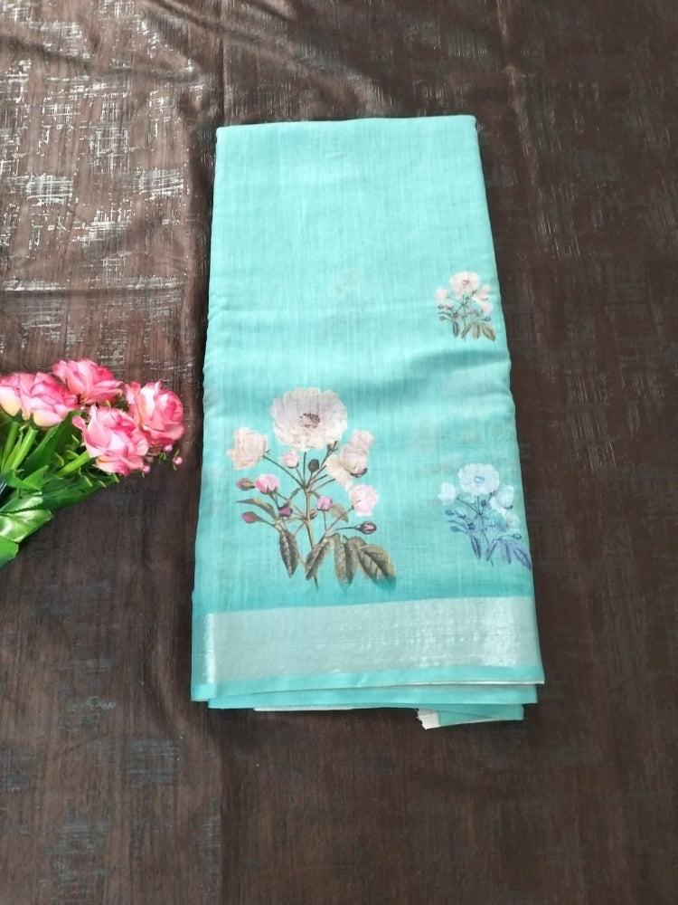 Bottle Green with flower design N silver zari border soft cotton saree