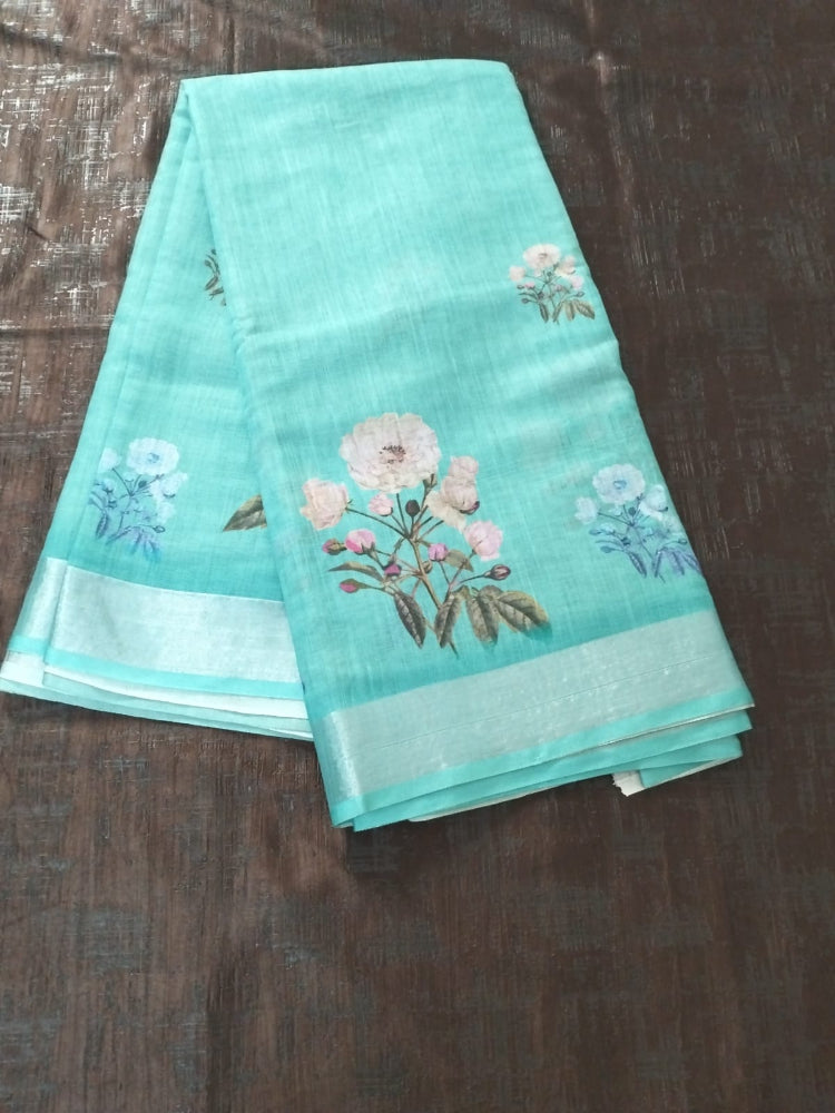 Bottle Green with flower design N silver zari border soft cotton saree