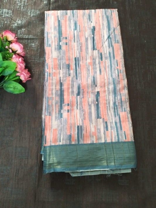 Bottle Green with dark peach colour geometical design soft cotton saree