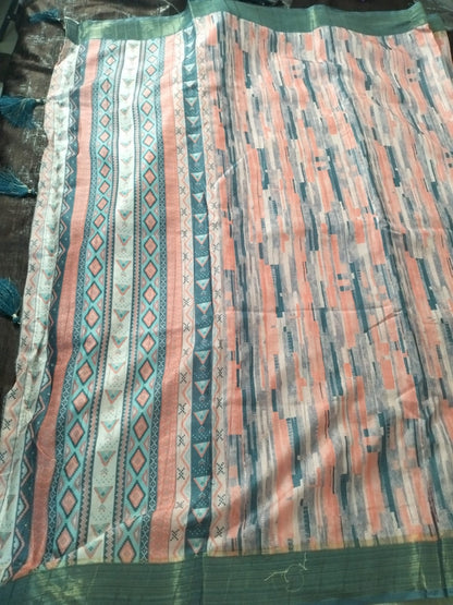 Bottle Green with dark peach colour geometical design soft cotton saree