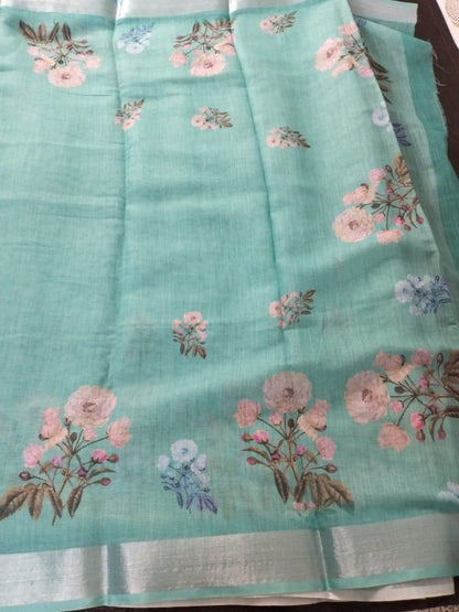 Bottle Green with flower design N silver zari border soft cotton saree