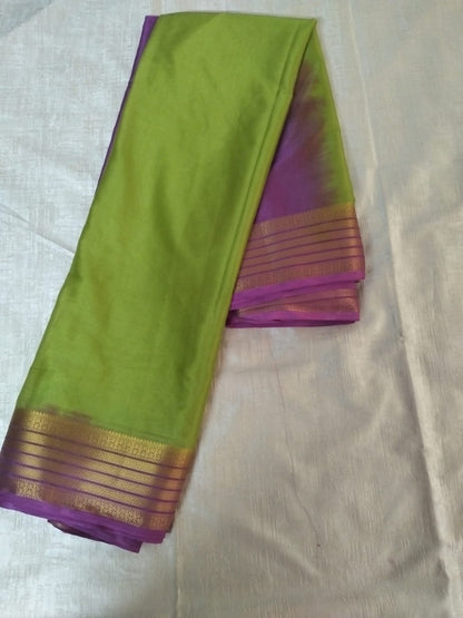 Green and  purple combination with golden border Mysore Semi Crepe silk saree