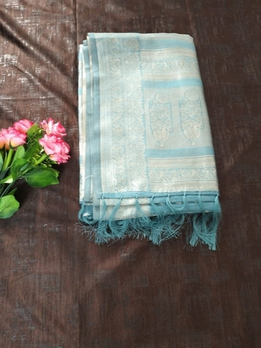 Blue with silver buties and heavy border semi silk saree