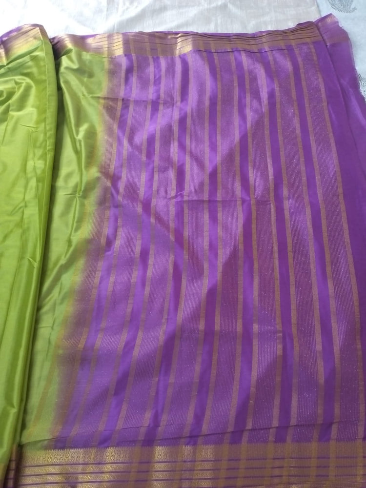 Green and  purple combination with golden border Mysore Semi Crepe silk saree