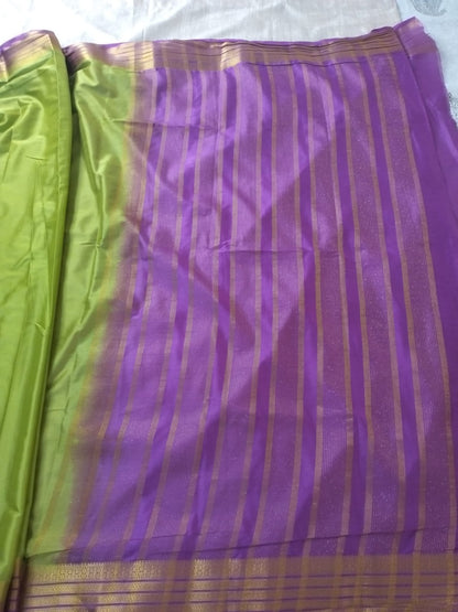 Green and  purple combination with golden border Mysore Semi Crepe silk saree