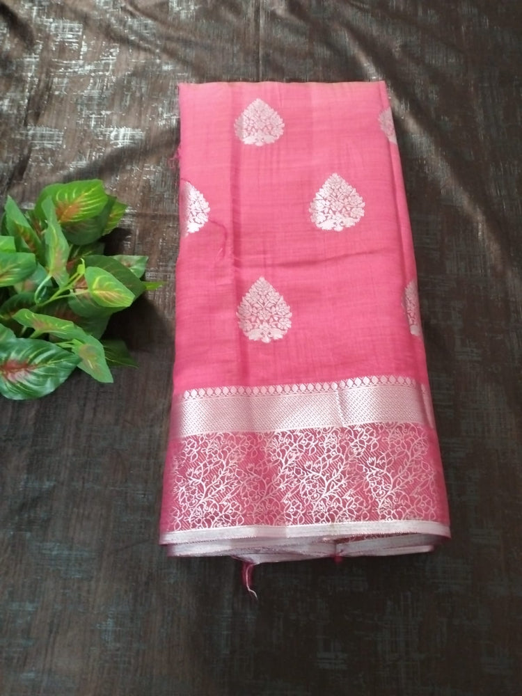 Rani Pink semi benarasi silk with silver base pallu and big buttas