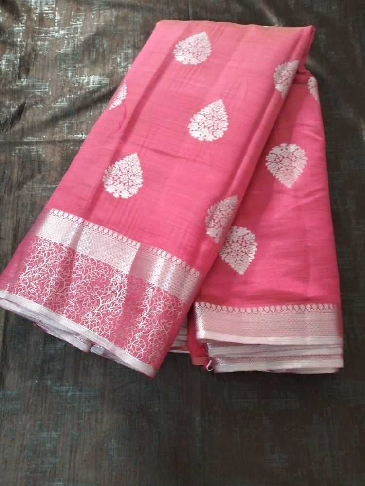 Rani Pink semi benarasi silk with silver base pallu and big buttas