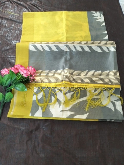 Yellow with Grey leaf pattern  soft tussar silk saree