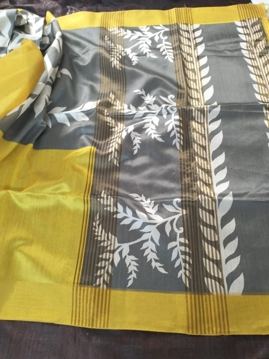 Yellow with Grey leaf pattern  soft tussar silk saree