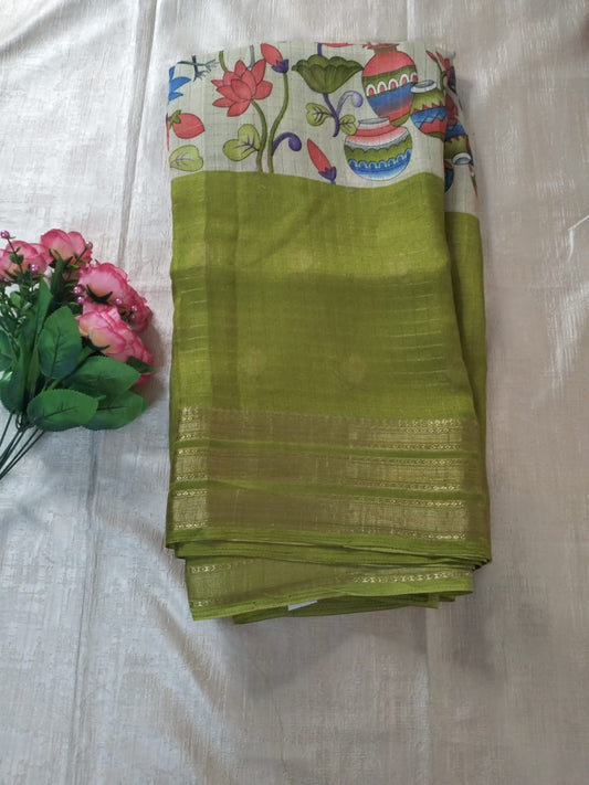 Green Mysore Semi Crepe silk saree with Kalamkari design