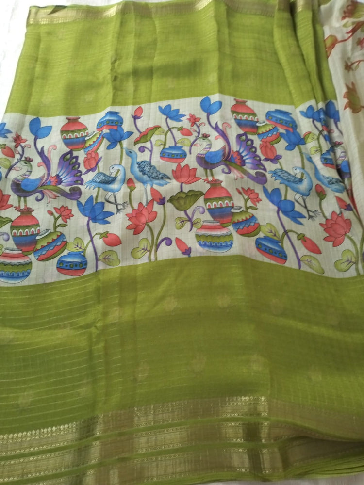 Green Mysore Semi Crepe silk saree with Kalamkari design