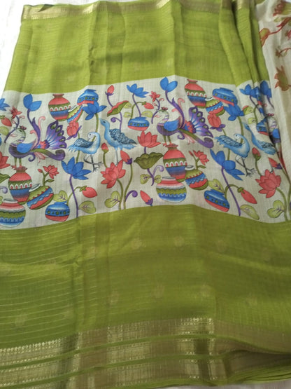 Green Mysore Semi Crepe silk saree with Kalamkari design