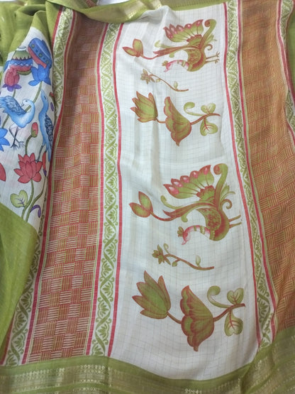 Green Mysore Semi Crepe silk saree with Kalamkari design