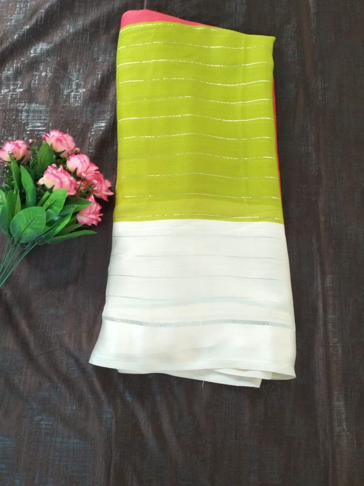 Multicolour Mysore Semi Crepe silk saree with silver strips