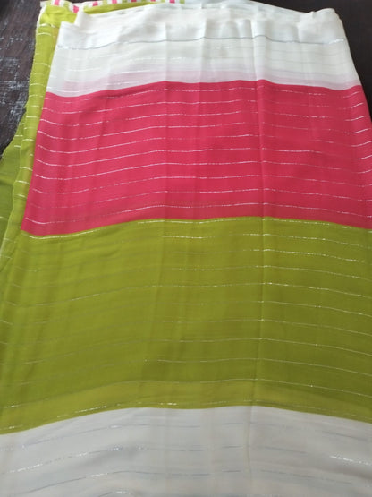 Multicolour Mysore Semi Crepe silk saree with silver strips