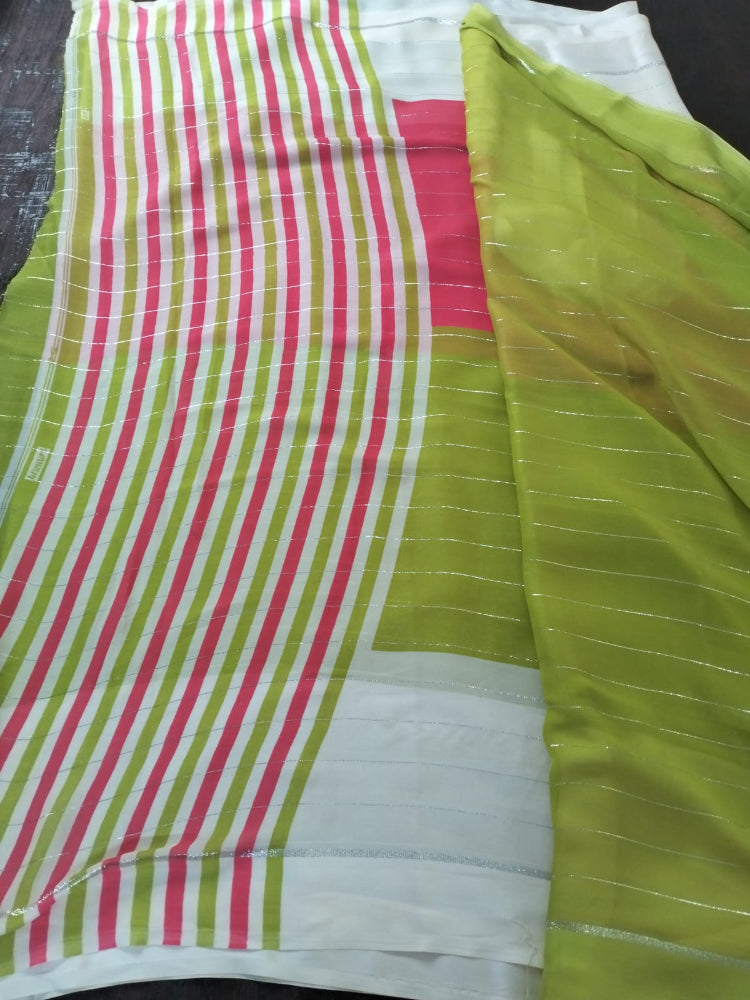 Multicolour Mysore Semi Crepe silk saree with silver strips