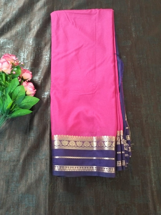 Pink saree with navy blue border Golden line Mysore Semi Crepe silk saree
