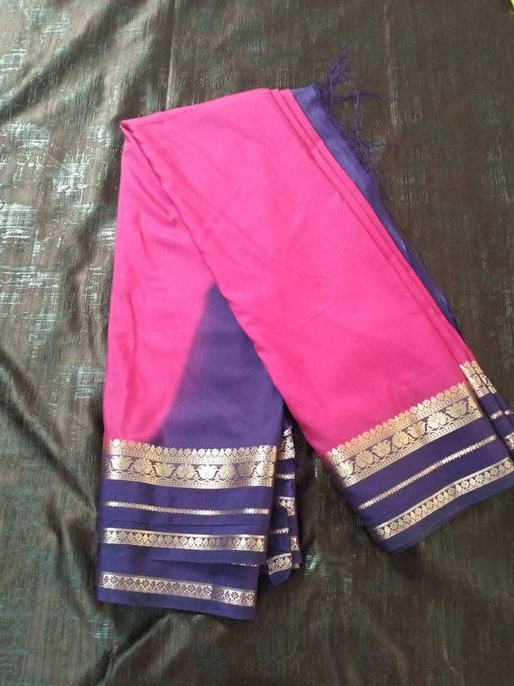 Pink saree with navy blue border Golden line Mysore Semi Crepe silk saree