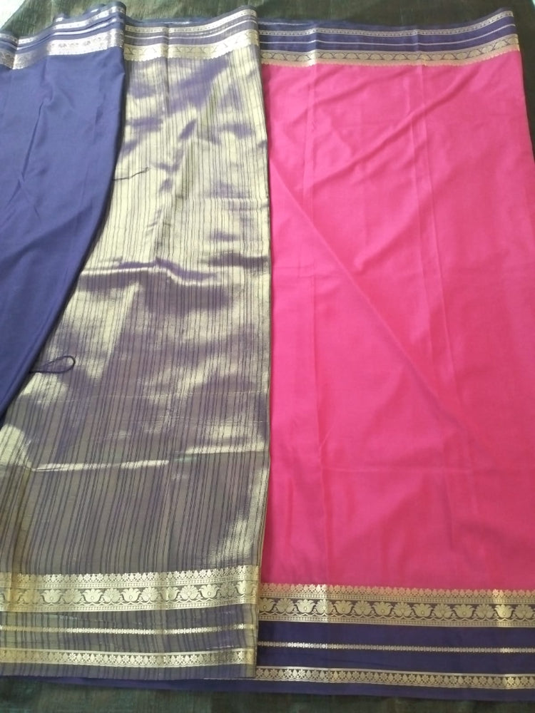 Pink saree with navy blue border Golden line Mysore Semi Crepe silk saree