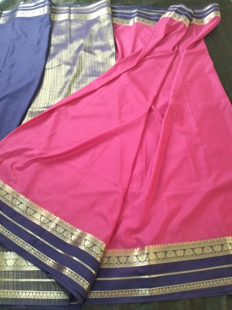 Pink saree with navy blue border Golden line Mysore Semi Crepe silk saree